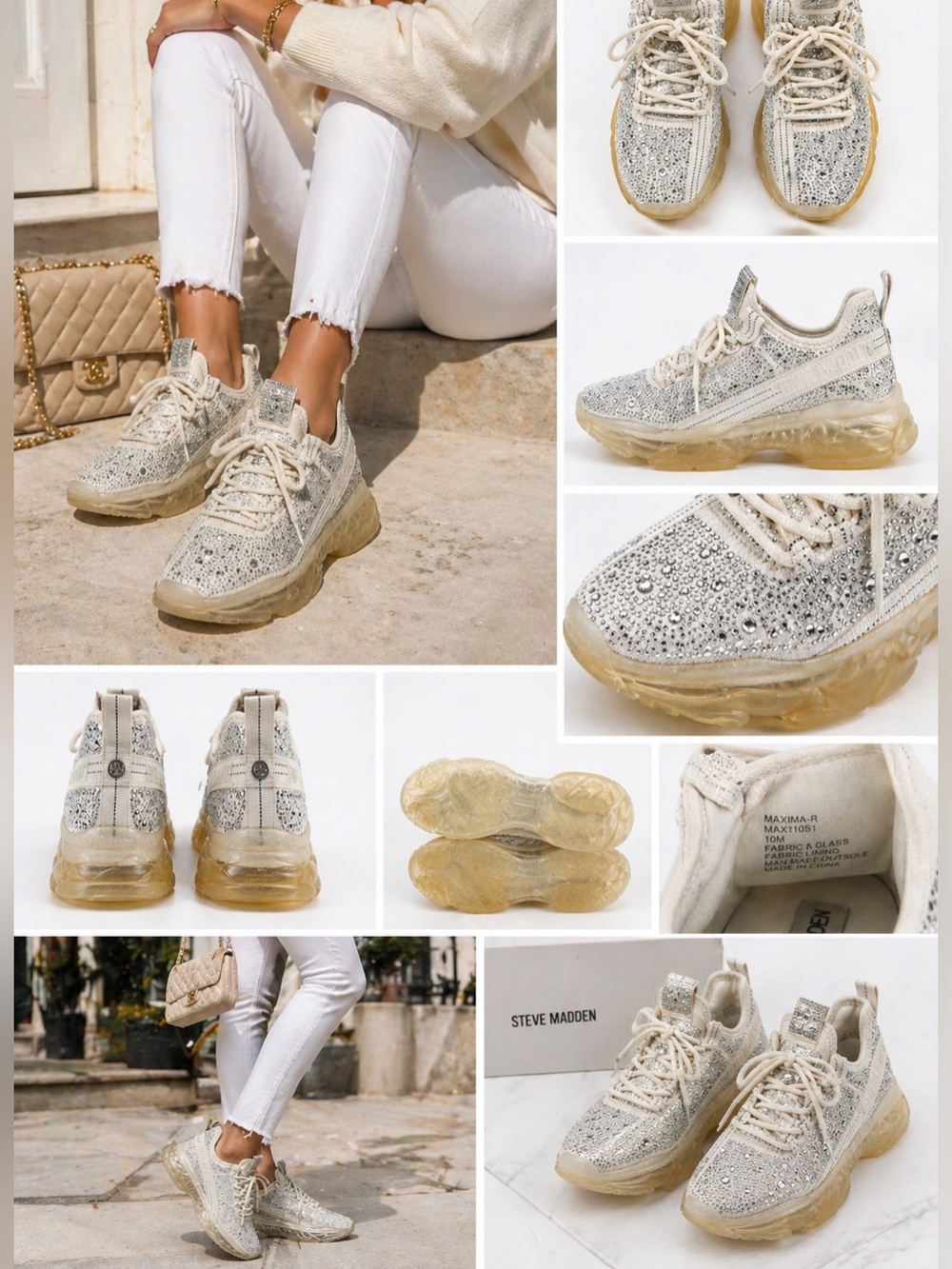 Steve Madden Maxima-R Rhinestone Sneakers White Chunky Platform Size 10 - Picture 3 of 7